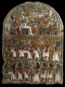 Egyptisk antikvitet: stelen av Irynefer, ovanpå gudarna Osiris och Anubis vänder mot Amenophis I och Ahmes Nefertari gudomliga; i Irynefer centrum ger hans fru Mehytkhaty och deras dotter Hathor begravningsoffer till sina föräldrar, i botten Hathor vuxen av School Egyptian