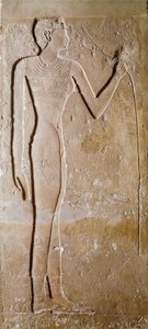 Egyptisk antikvitet: ung kvinna har lotusblomma. Kalksten. 5:e dynastin, 2300 f.Kr. Dämpa. 145 cm Paris, Louvren av School Egyptian