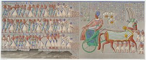 Thebe, Medynet-Abu: färgad basrelief, ristad i södra galleriet i palatsets peristyl - i "" Egyptian Antiquites", T.II av School Egyptian