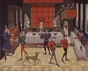1400-talets medeltida aristokratiska damer serverade middag (färg litho) av School English