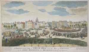 En perspektivisk vy över Tower Hill och platsen för avrättningen av lorderna Kilmarnock och Balmerino