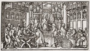 En försäljning av avlatsbrev under Tudor-perioden i England (gravyr)