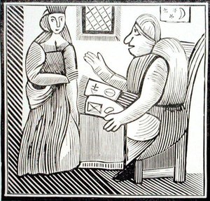 En kvinna söker vägledning från spåmannen, kopia av en illustration från 