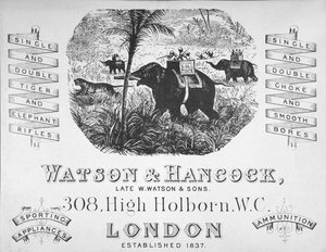 Annons för Watson & Hancock vapenmakare, ca 1900 (litho) av School English