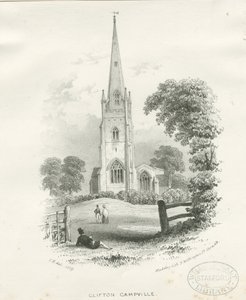 Clifton Campville Church: litografi (vinjeterad) av School English