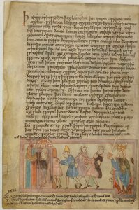 Cotton Claudius B. IV, f.58v En scen som visar anglosaxisk rättvisa, illustration från (vellum) av School English