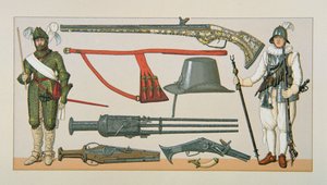 Franska soldater och skjutvapen från 1600-talet (färg litho) av School English
