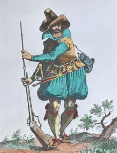 Tysk soldat från tidigt 1600-tal, beväpnad med tändsticksmusköt (färgstick)