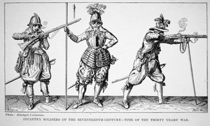 Infanterisoldater från 1600-talet - under trettioåriga kriget (litografi) av School English