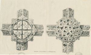 Interiör av Lichfield Cathedral - snidade lövverk: litografi och [? 1800-talet] (tryck) av School English