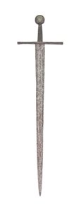 Senmedeltida bredsvärd, med tidigare vikingablad och bärande vapen från familjen De Bohun, Earls of Hereford och Essex av School English