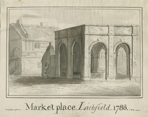 Lichfield - Market Place: sepiatvättteckning av School English