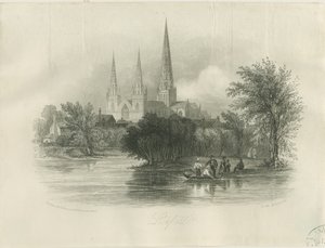 Lichfield Cathedral - South West View: gravyr (vinjeterad), nd [c 1842] (tryck) av School English