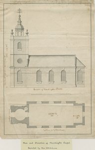 Marchington Church - Exteriör höjd och inre plan: pennteckning, nd [?mitten av 1700-talet] (ritning) av School English