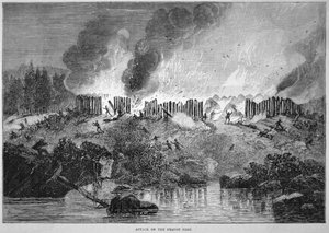 New England vita nybyggare attackerar det indiska fortet Pequot under Pequot-kriget 1637 (gravyr)