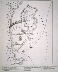Plan för nederlaget för den amerikanska flottan vid Champlainsjön (litho) av School English