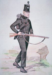 Menig från 95th Rifles, ca 1810, beväpnad med Baker Rifle, designad av Ezekiel Baker från London (färg litho)