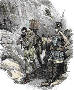 Romersk legionär övervakar anglosaxiska arbetare i en tenngruva, England 50 e.Kr. (tryck) av School English