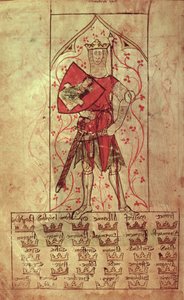 Roy 20 A II f.4r Kung Arthur och de trettio kungadömena skriven under Edward II:s regeringstid (1248-1327) av School English