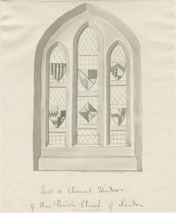 Sandon Church - East window of Chancel: sepiatvättteckning, nd [?1700-talet] (ritning) av School English