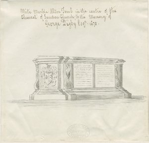 Sandon Church - Tomb of George Digby: sepiatvättteckning, nd [?18th cent] (ritning) av School English