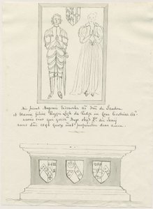 Sandon Church - Tomb of Hugh Erdeswick och Mary [Legh]: ritning med penna och tvätt, nd [?1700-talet] (teckning) av School English