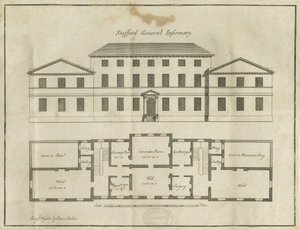 Stafford - County General Infirmary: pennteckning, nd [sent 1700-tal] (ritning) av School English