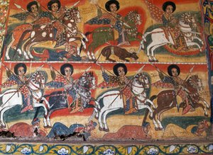Riddare med lansar, målningar i Ura Kidane Meret-klostret (1600-talet), Greater Bahar Dar, Zege-halvön, Etiopien, Detalj
