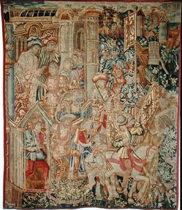 Kejsar Titus Vespasianus (9-79 e.Kr.) beordrar sin Son, Titus (38-91 e.Kr.), att återvända till Jerusalem (gobeläng)