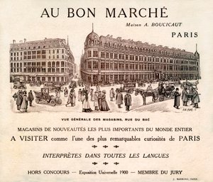 Annons för "Au Bon Marche" på Rue du Bad, Paris (tryck) av School French