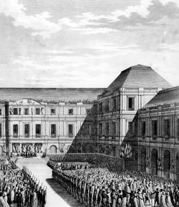 Fest ges av Napoleon I Bonaparte (1769-1821) på National Palace of the Directory (Palace of Luxembourg) i Paris efter handeln med Campo Formio den 20 fredagen An VI (10 december 1797). Paris, biblioteket vid Institutet för revolutionshistoria av School French