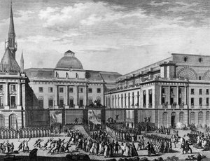 Franska revolutionen: Paris stadshus, parlamentet i november 1790 på ön i staden som leds av Jean Baptiste Gaspard Bochart de Saron (1730-1794). Paris, biblioteket vid Institutet för revolutionshistoria av School French