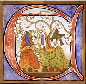 Inhabited Initial A föreställande en trubadur (färg litho) av School French