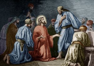 Jesus Kristus undervisar bön till Johannes (färggravyr) av School French