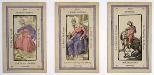 Gamla kort att spela med kungen (blond man), damen (blond kvinna) och ryttaren (avsluta) cupen. Musée de la Carte à Joueur, Issy-les-Moulineaux. av School French