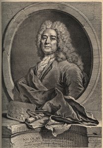 Porträtt av Nicolas de Largillierre (Largillier) (1656-1746) Fransk målaregravyr av Dupuis efter målningen av Gueuslain av School French