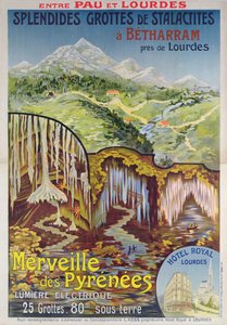 Affisch som reklamerar Betharram-grottorna, Pyrenéernas underverk, mellan Pau och Lourdes, ca 1900 (färg litho) av School French