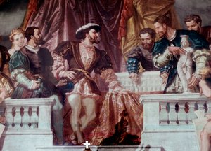 Presentation av planerna för det nya Louvren för kung Francois I (1494-1547) Kung Francois I tog emot arkitekten Pierre Lescot omkring 1546. Fresk av Grand Salon Napoleon III i Richelieu-flygeln, Louvren, Paris av School French
