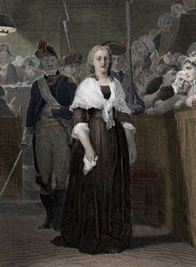 Drottning Marie Antoinette (1755-1793) dömd av revolutionsdomstolen i oktober 1793” (drottning av Frankrike Marie-Antoinette (1755-1793) under hennes rättegång vid revolutionsdomstolen, oktober 1793)