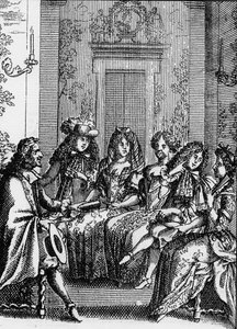 Representation av en scen i pjäsen "" La critique de l’ecole des femmes"" (1663) av Jean Baptiste Poquelin dit Moliere (1622-1673). av School French