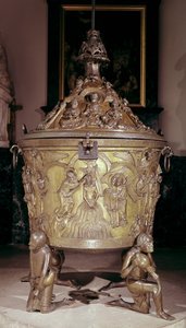 Dopfunt som visar en reliefpanel av Kristi dop, stödd av fyra knästående figurer som representerar paradisets floder, tyska, ca 1225-30 (brons)