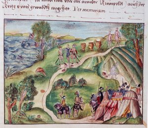 MS Add.15217 fol.40 Ett venezuelanskt landskap med ett spanskt läger, från en samling memoarer från familjen Coeler, Nürnberg