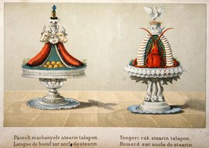 Design för presentation av oxtunga på en bädd av stearin och för hummer, illustration från en ungersk kokbok om fransk matlagning, ca 1880 (litografi i färg). av School Hungarian
