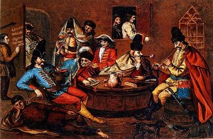 Prins Ferenc Rakoczi II:s rebelliska soldater som slappnar av med kompanjoner (färglitografi) (efter en ungersk målning från 1600-talet)