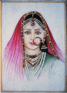 A Rajasthani Lady (gouache och akvarell på marmorplatta) av School Indian