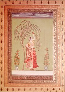 En kvinna under ett träd (gouache på papper) av School Indian