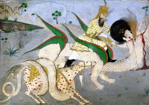 En riden krigare som attackerar en drake, illustration från en bok om indiska mystiker (bläck på papper monterat på kort) av School Indian