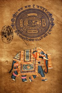 Elefant, handgjord målning och gammalt stämpelpapper, Jaipur, Rajasthan, Indien av School Indian