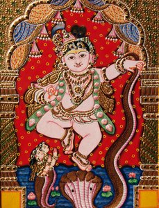 Prägla Lord Bal Krishna Tanjore-målning av School Indian