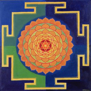 Gayatri Yantra-teckning (pigment på tavla) av School Indian